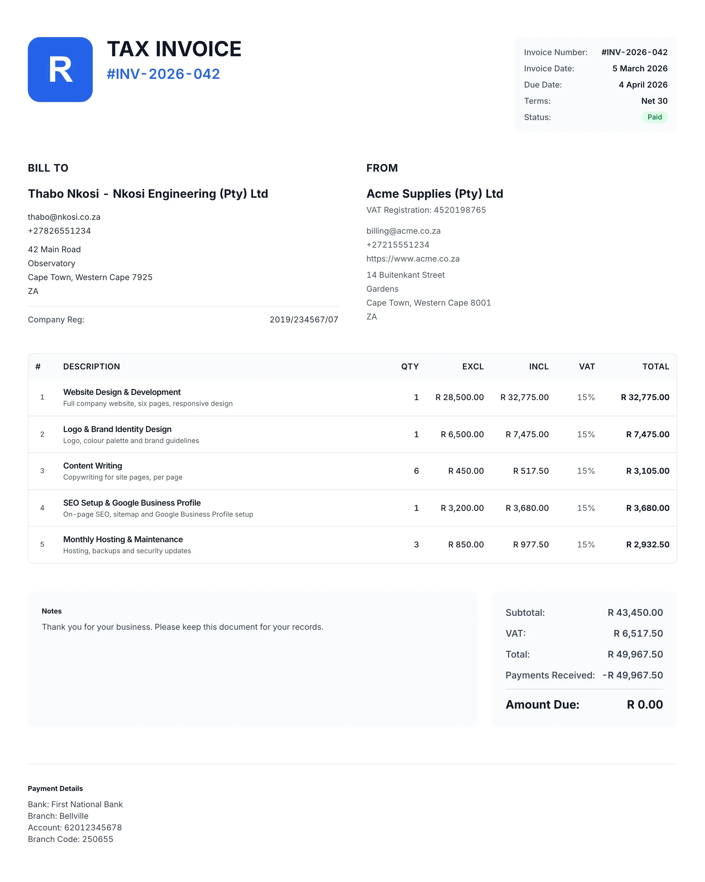 A Rebill tax invoice as the client sees it: business logo, client details, itemised lines with VAT at 15%, banking details and a paid status
